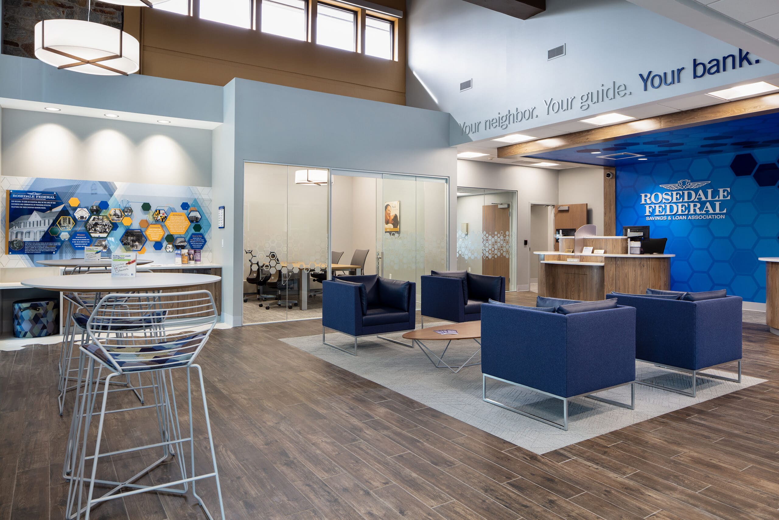 Rosedale Federal lobby with chairs, counter, and conference room