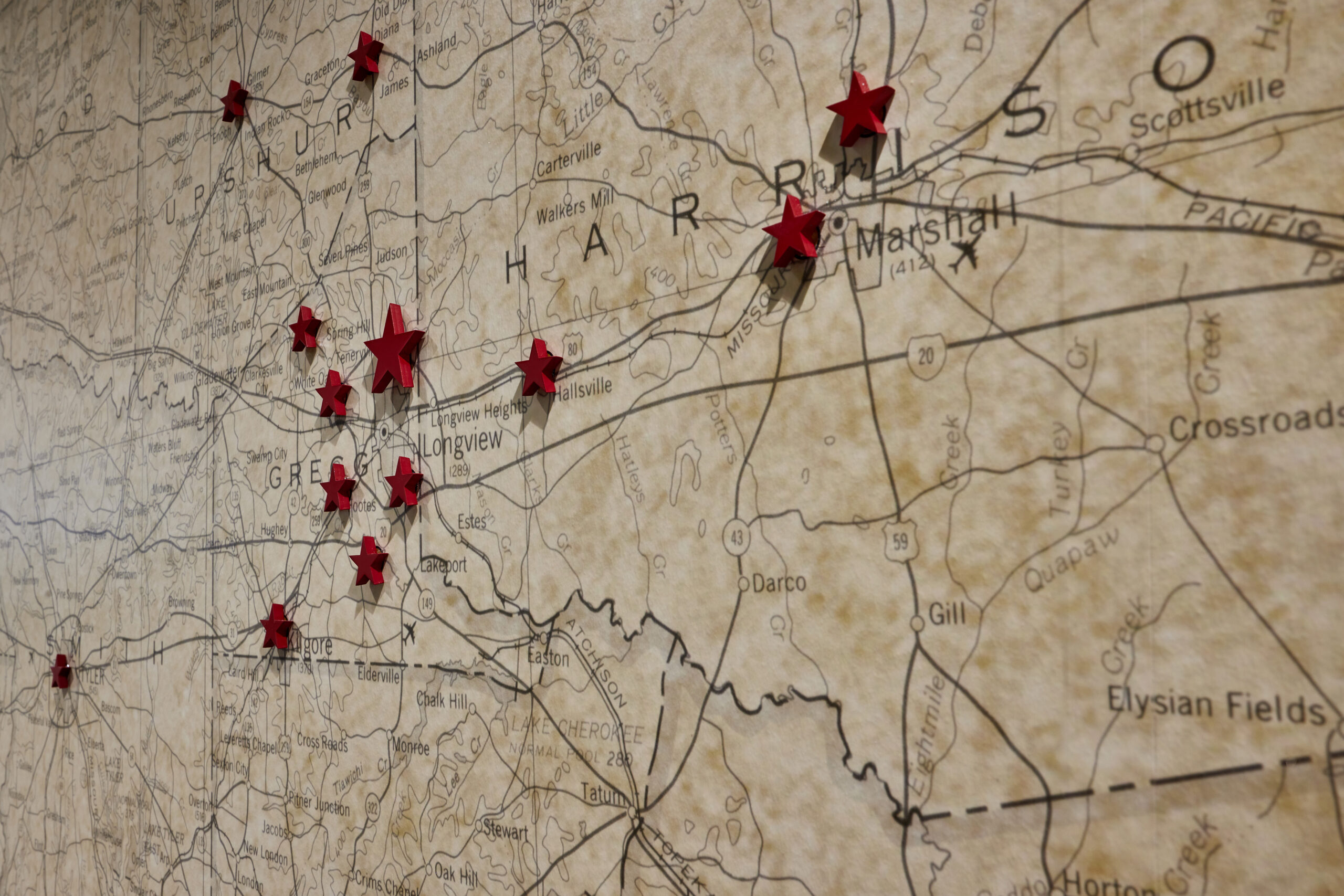 section of a map with star pin points an environmental graphics element