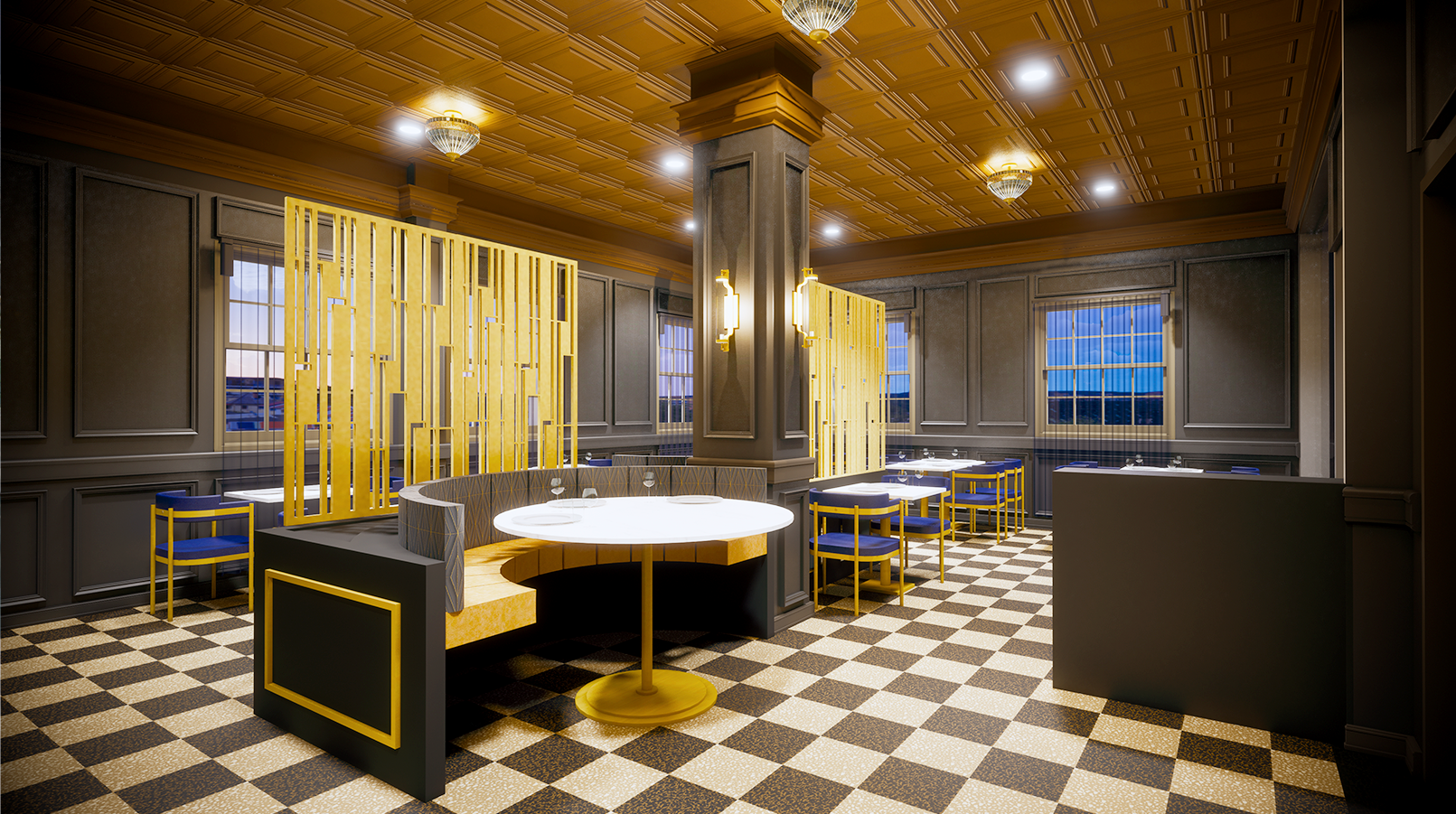 an interior branded space after FF&E Procurement by NewGround featuring dining tables and chairs
