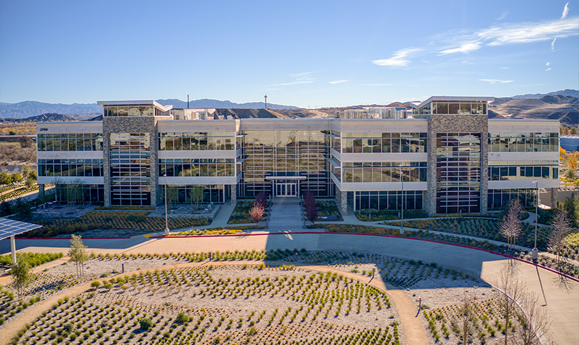 view of the front of a large cooperate building